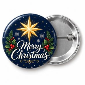 Przypinka Merry Christmas Granat: przypinka na Boże Narodzenie z napisem Merry Christmas – przód i aluminiowy tył z agrafką