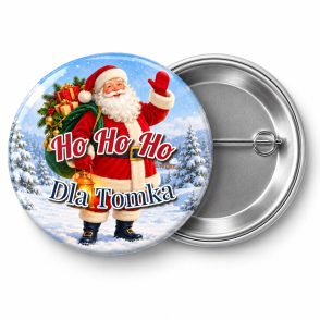 Przypinka Mikołaj z Workiem: przypinka na Boże Narodzenie z napisem Ho Ho Ho oraz polem dla kogo (np. Dla Tomka) – przód i aluminiowy tył z agrafką