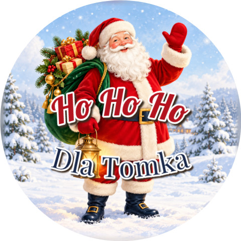 Wzór: Przypinka Mikołaj z Workiem – napis Ho Ho Ho i pole dla kogo na świątecznej grafice