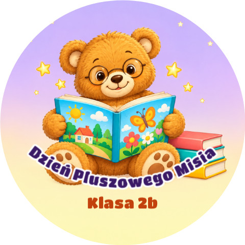 Wzór: Przypinka Miś z Książką – napis Dzień Pluszowego Misia i klasa Klasa 2b na kolorowym tle