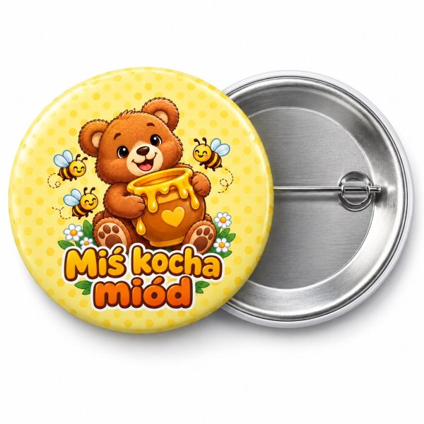 Przypinka Miś z Miodem: kolorowy miś dla dzieci z napisem Miś kocha miód – przód i aluminiowy tył z agrafką