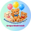 Wzór: Przypinka Misie dla Grupy Przedszkolnej – napis Dzień Pluszowego Misia i nazwa grupy Grupa Biedronek na kolorowym tle