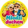 Wzór: Przypinka Młodzi Duchem – pastelowa grafika z napisem Młodzi duchem
