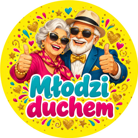 Wzór: Przypinka Młodzi Duchem – pastelowa grafika z napisem Młodzi duchem