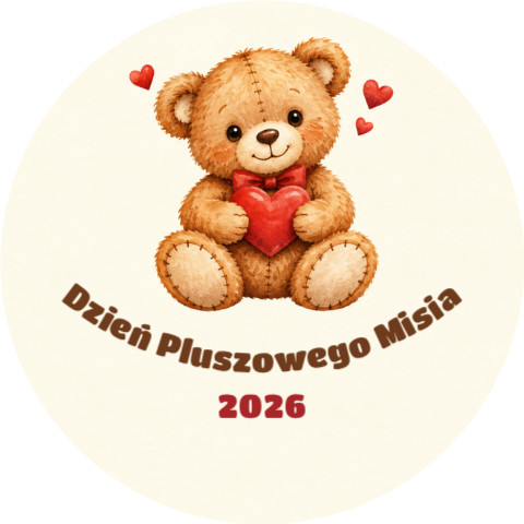 Wzór przypinki na Dzień Pluszowego Misia: pluszowy miś z czerwonym sercem na kremowym tle, napis po łuku i rok 2026