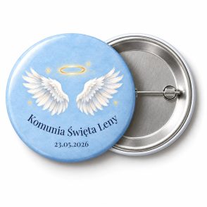 Przypinka na Komunię: białe anielskie skrzydła ze złotą aureolą na błękitnym tle, napis Komunia Święta Leny – przód i aluminiowy tył z agrafką