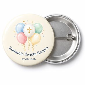Przypinka na Komunię: pastelowe balony ze złotym krzyżykiem i konfetti, napis Komunia Święta Kacpra – przód i aluminiowy tył z agrafką
