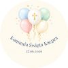 Wzór przypinki komunijnej: pastelowe balony ze złotym krzyżykiem i konfetti, napis Komunia Święta Kacpra
