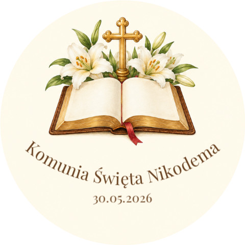 Wzór przypinki komunijnej: otwarta Biblia ze złotym krzyżem i białymi liliami, napis Komunia Święta Nikodema