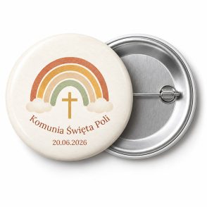 Przypinka na Komunię: tęcza boho w ziemistych barwach ze złotym krzyżykiem, napis Komunia Święta Poli – przód i aluminiowy tył z agrafką