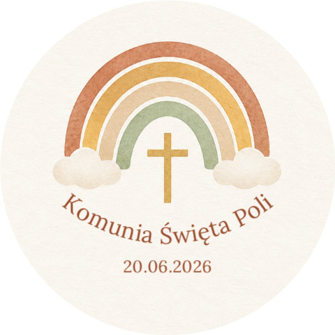 Wzór przypinki komunijnej: tęcza boho w ziemistych barwach ze złotym krzyżykiem, napis Komunia Święta Poli