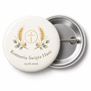 Przypinka na Komunię: minimalistyczna złota hostia z kłosami i eukaliptusem na białym tle, napis Komunia Święta Hani – przód i aluminiowy tył z agrafką
