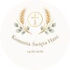 Wzór przypinki komunijnej: minimalistyczna złota hostia z kłosami i eukaliptusem na białym tle, napis Komunia Święta Hani
