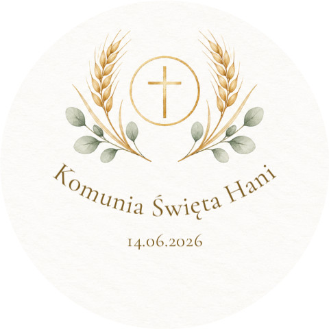 Wzór przypinki komunijnej: minimalistyczna złota hostia z kłosami i eukaliptusem na białym tle, napis Komunia Święta Hani