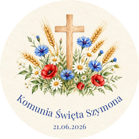Wzór przypinki komunijnej: drewniany krzyż wśród kłosów, chabrów, rumianków i maków, napis Komunia Święta Szymona
