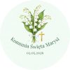 Wzór przypinki komunijnej: bukiet konwalii ze wstążką i złotym krzyżykiem, napis Komunia Święta Marysi