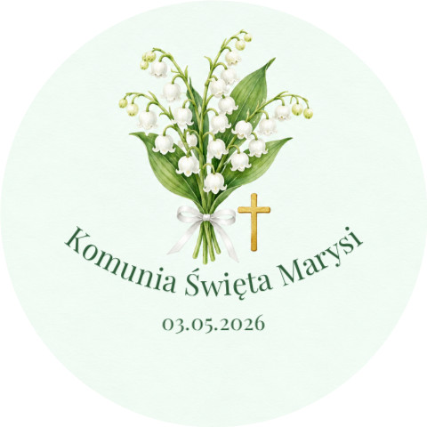 Wzór przypinki komunijnej: bukiet konwalii ze wstążką i złotym krzyżykiem, napis Komunia Święta Marysi