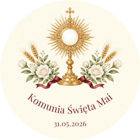 Wzór przypinki komunijnej: złota monstrancja z białymi różami, kłosami i bordową wstążką, napis Komunia Święta Mai