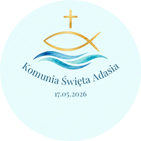 Wzór przypinki komunijnej: złota ryba Ichtys nad morskimi falami z krzyżem, napis Komunia Święta Adasia