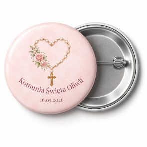 Przypinka na Komunię: perłowy różaniec ułożony w serce ze złotym krzyżykiem i różyczkami, napis Komunia Święta Oliwii – przód i aluminiowy tył z agrafką