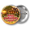 Przypinka Nasz Rodzinny Zjazd: kolorowa przypinka na zjazd rodzinny z napisem Nasz rodzinny zjazd – przód i aluminiowy tył z agrafką