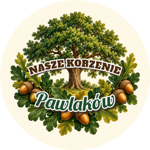 Wzór: Przypinka Nasze Korzenie Żołędzie – napis NASZE KORZENIE i pole nazwisko na pastelowym tle