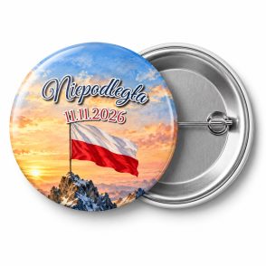 Przypinka Niepodległa Flaga w Górach: przypinka na 11 Listopada z napisem Niepodległa oraz polem data (np. 11.11.2026) – przód i aluminiowy tył z agrafką