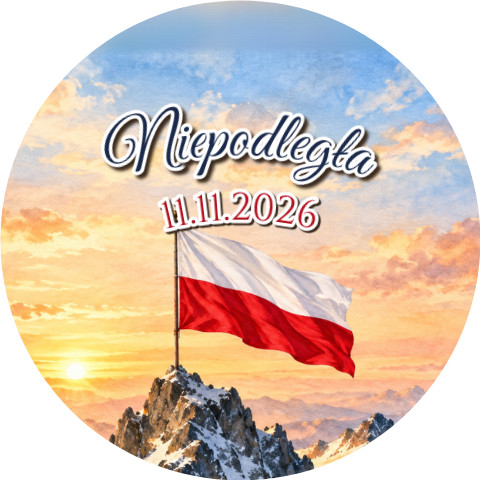 Wzór: Przypinka Niepodległa Flaga w Górach – napis Niepodległa i pole data na biało-czerwonej grafice
