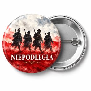 Przypinka Niepodległa Maszerujący Żołnierze: przypinka na 11 Listopada z napisem NIEPODLEGŁA – przód i aluminiowy tył z agrafką