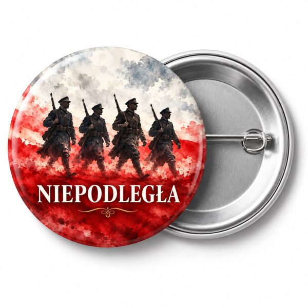 Przypinka Niepodległa Maszerujący Żołnierze: przypinka na 11 Listopada z napisem NIEPODLEGŁA – przód i aluminiowy tył z agrafką