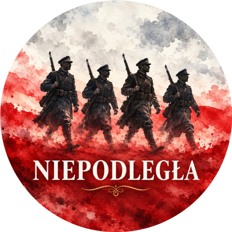 Wzór: Przypinka Niepodległa Maszerujący Żołnierze – biało-czerwona grafika z napisem NIEPODLEGŁA