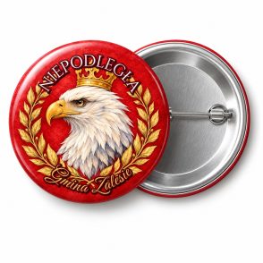 Przypinka Niepodległa Orzeł w Laurach: przypinka na 11 Listopada z napisem NIEPODLEGŁA oraz polem gmina (np. Gmina Zalesie) – przód i aluminiowy tył z agrafką