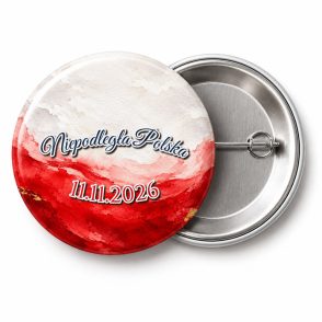 Przypinka Niepodległa Polska Akwarela: przypinka na 11 Listopada z napisem Niepodległa Polska oraz polem data (np. 11.11.2026) – przód i aluminiowy tył z agrafką