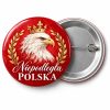 Przypinka Niepodległa Polska na Czerwieni: przypinka na 11 Listopada z napisem Niepodległa Polska – przód i aluminiowy tył z agrafką