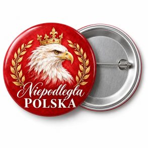 Przypinka Niepodległa Polska na Czerwieni: przypinka na 11 Listopada z napisem Niepodległa Polska – przód i aluminiowy tył z agrafką