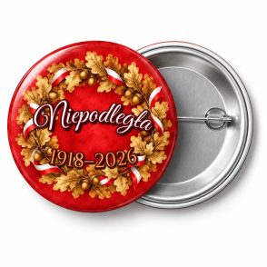 Przypinka Niepodległa Wieniec Dębowy: przypinka na 11 Listopada z napisem Niepodległa oraz polem lata (np. 1918–2026) – przód i aluminiowy tył z agrafką