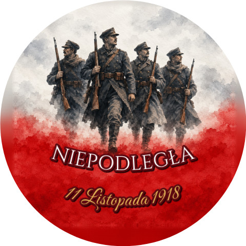 Wzór: Przypinka Niepodległa Żołnierze 1918 – napis NIEPODLEGŁA i pole napis dolny na biało-czerwonej grafice