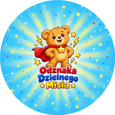 Wzór: Przypinka Odznaka Dzielnego Misia – kolorowy miś z napisem Odznaka Dzielnego Misia