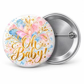 Przypinka Oh Baby: kolorowa przypinka na baby shower z napisem Oh Baby! – przód i aluminiowy tył z agrafką