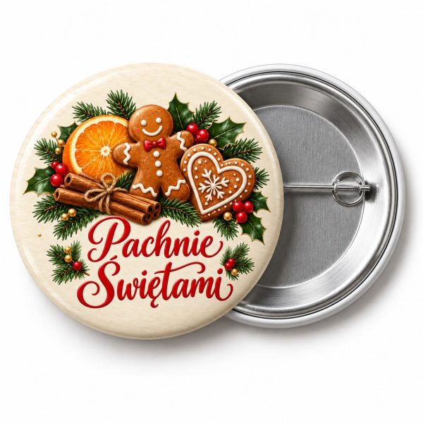 Przypinka Pachnie Świętami Pierniki: przypinka na Boże Narodzenie z napisem Pachnie Świętami – przód i aluminiowy tył z agrafką