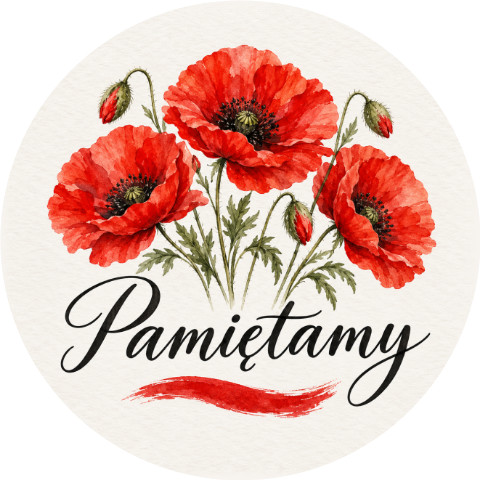 Wzór: Przypinka Pamiętamy Czerwone Maki – biało-czerwona grafika z napisem Pamiętamy