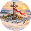 Wzór: Przypinka Pamiętamy Krzyż o Świcie – napis Pamiętamy i pole napis dolny na biało-czerwonej grafice
