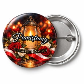 Przypinka Pamiętamy Światło Pamięci: przypinka na 11 Listopada z napisem Pamiętamy oraz polem napis dolny (np. Cześć Ich Pamięci) – przód i aluminiowy tył z agrafką