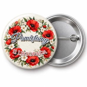 Przypinka Pamiętamy Wieniec z Maków: przypinka na 11 Listopada z napisem Pamiętamy oraz polem napis dolny (np. 11 Listopada) – przód i aluminiowy tył z agrafką