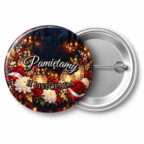 Przypinka Pamiętamy Znicze: przypinka na 11 Listopada z napisem Pamiętamy oraz polem napis dolny (np. 11 Listopada) – przód i aluminiowy tył z agrafką