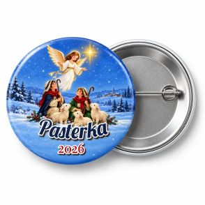 Przypinka Pasterze i Owce: przypinka na Boże Narodzenie z napisem Pasterka oraz polem rok (np. 2026) – przód i aluminiowy tył z agrafką