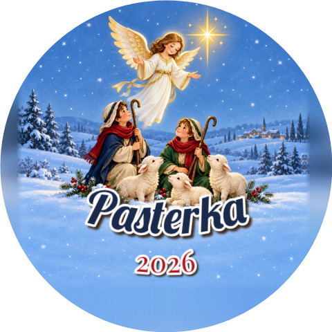Wzór: Przypinka Pasterze i Owce – napis Pasterka i pole rok na świątecznej grafice