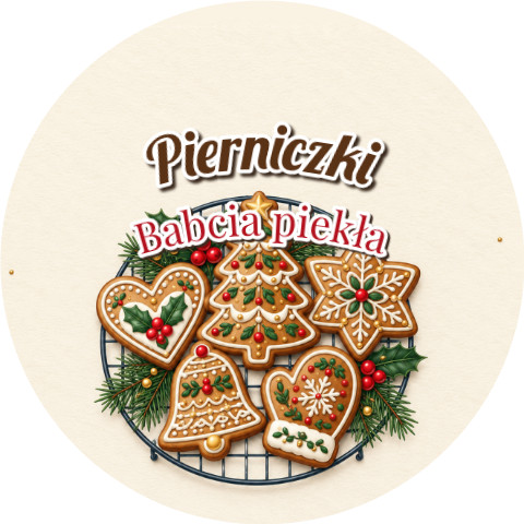 Wzór: Przypinka Pierniczki – napis Pierniczki i pole dopisek na świątecznej grafice