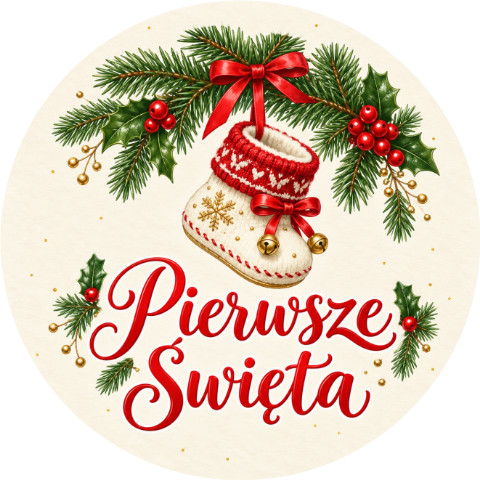 Wzór: Przypinka Pierwsze Święta Bucik – świąteczna grafika z napisem Pierwsze Święta