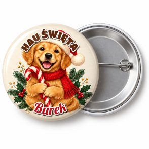 Przypinka Pies w Czapce Mikołaja: przypinka na Boże Narodzenie z napisem HAU ŚWIĘTA oraz polem imię (np. Burek) – przód i aluminiowy tył z agrafką